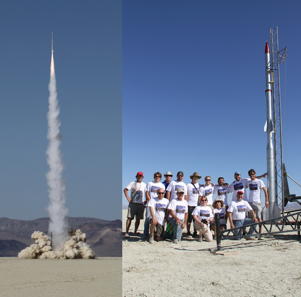The Ursa 1.0 blasting off the pad in the Black Rock Desert and the Ursa 1.0 team posing by the vehicle prior to liftoff